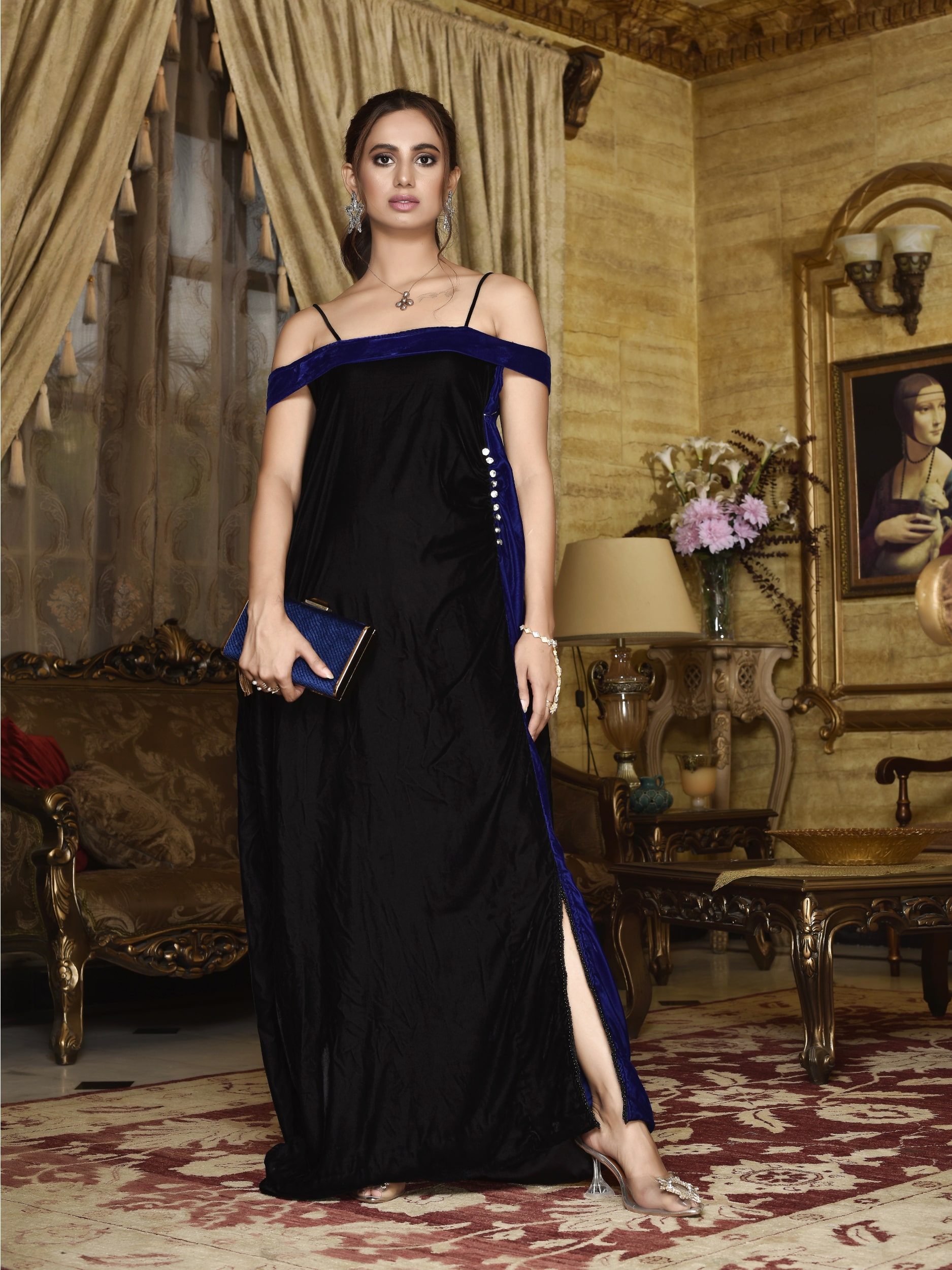 Draped shoulder velvet gown <span>(WH-S1-10)</span>